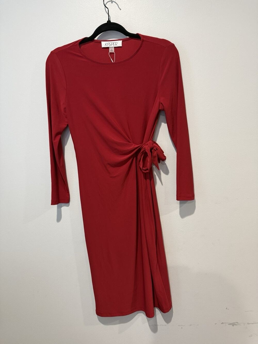 NWT Kasper Fire Red Midi Sheath Dress 3/4 Sleeve Side Tie Stretchy XS Romantic